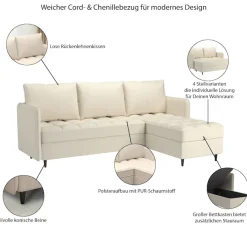 Dorel Home Ecksofa »LINDHUS, Cord, L-Form, Breite 194cm, verschiedene Stellvarianten« Recamiere, Stauraum, Modulsofa