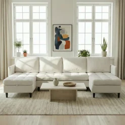 Dorel Home Wohnlandschaft »LINDHUS, Chenille, Modulsofa, verschiedene Stellvarianten« Breite als U-Form (254cm) mit Verbindern fixierbar, Recamiere,Stauraum