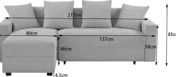 Ecksofa »KILLAM, 217 cm, L-Form, mit Schlaffunktion u. Bettkasten« Recamiere rechts / links montierbar, in Cord und Webstoff