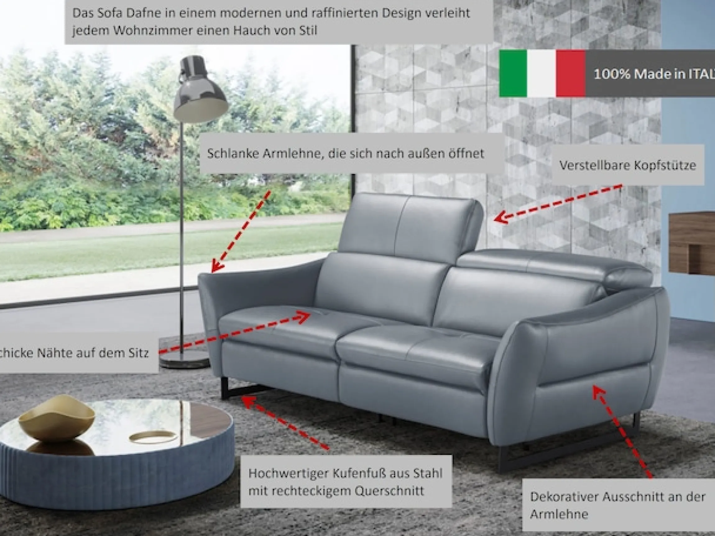 Egoitaliano 2,5-Sitzer »Dafne, elegantes Designsofa mit hohem Sitzkomfort« wahlw. mit elektrischer Relaxfunktion, Kopfteile manuell verstellbar