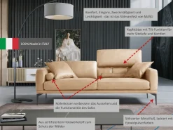 Egoitaliano 2,5-Sitzer »Masu, Designsofa mit erstklassigem Sitzkomfort, Breite 218cm« inkl. 2 Kissenrollen, Rückenelemente manuell verstellbar, Metallfüße