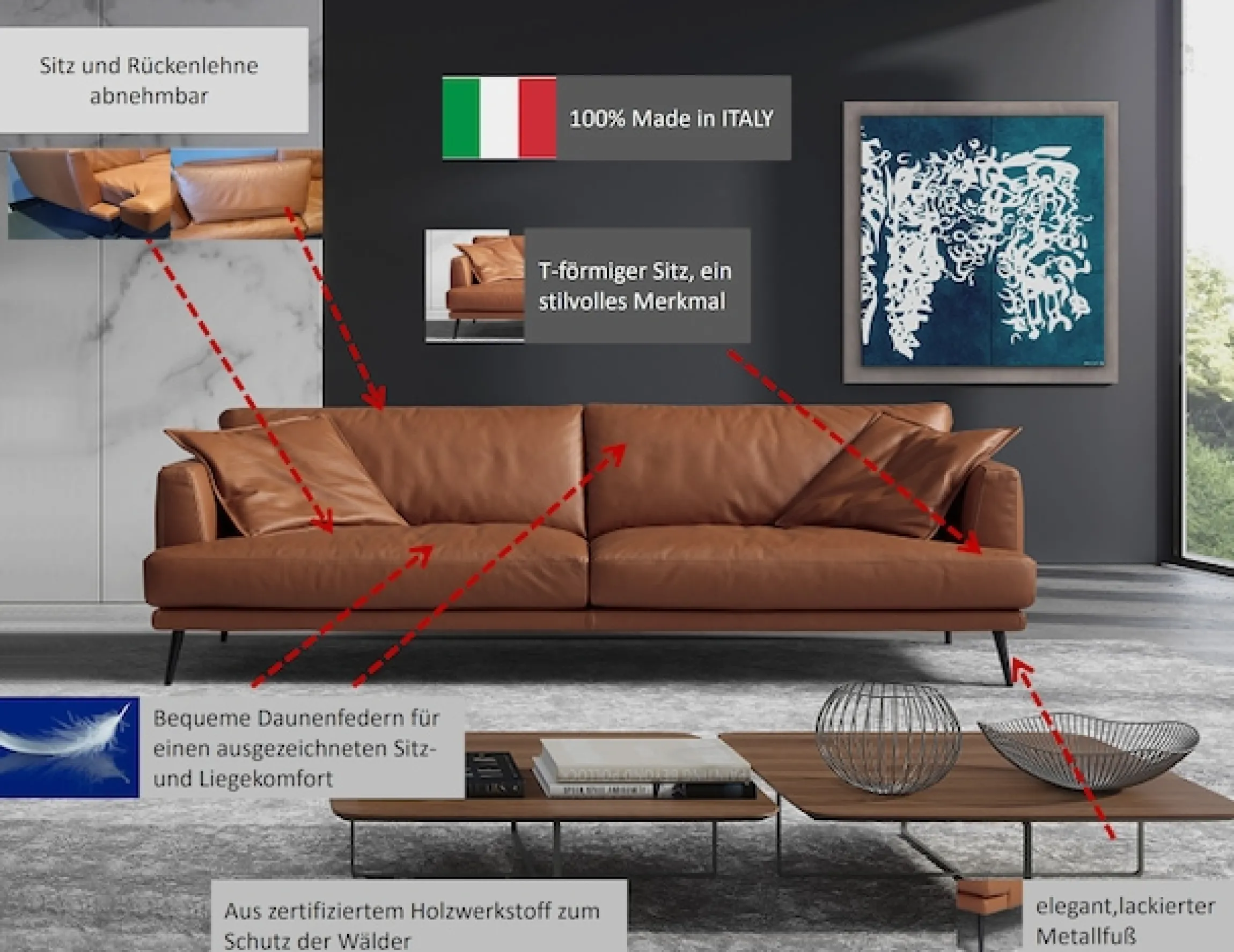 Egoitaliano 2,5-Sitzer »Sophia, Designsofa mit extrakomfortablem Sitzkomfort, Breite 214cm« Daunenfederung, inkl. 2 Kissen