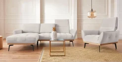 exxpo - sofa fashion Ecksofa »Palic, inkl. Rückenverstellung, bequem, elegant, Breite 245cm, L-Form« vom Sofa zum Hochlehner. Hohe Füße und Holzblende als Designmerkmal