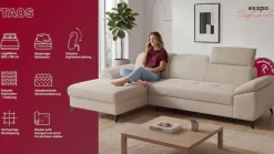 exxpo - sofa fashion Ecksofa »TAOS bequem, komfortabel durch Kopfteilverstellung, Breite 281cm« inkl. Bettfunktion und Bettkasten,toller Sitzkomfort, Steppung im Sitz