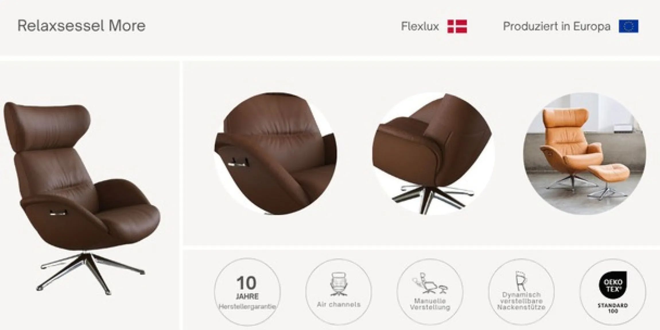 FLEXLUX Relaxsessel »Fernsehsessel More, ergonomisch, drehbar, robuster Fuß, Scandi« Premium Komfort, Rücken- & Kopfteilverstellung, drehbar, Fuß schwarz