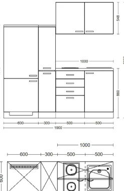 Flex-Well Küchenzeile »Nepal« Gesamtbreite 190 cm, mit Apothekerschrank, mit Einbau-Kühlschrank etc.