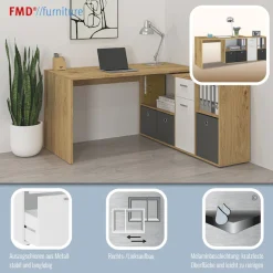 FMD Eckschreibtisch »Lexo« Schreibtisch/Sideboard viel Stauraum, beidseitig montierb., 136/205 cm