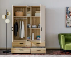 FORTE Drehtürenschrank »Schrank mit Spiegel, zeitloses Design, 3türig« viel Stauraum, Schubladen, Spiegeltürenm Höhe 200 cm