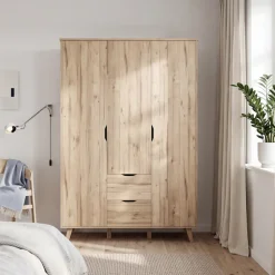 FORTE Drehtürenschrank »Vankka skandinavischer-Stil, viel Stauraum, ohne Griffe« B/H/T ca.140x200x52cm,Made in Europe, mit Einlegeböden+Kleiderstange+Schubladen,grifflos