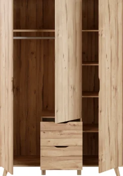 FORTE Drehtürenschrank »Vankka skandinavischer-Stil, viel Stauraum, ohne Griffe« B/H/T ca.140x200x52cm,Made in Europe, mit Einlegeböden+Kleiderstange+Schubladen,grifflos