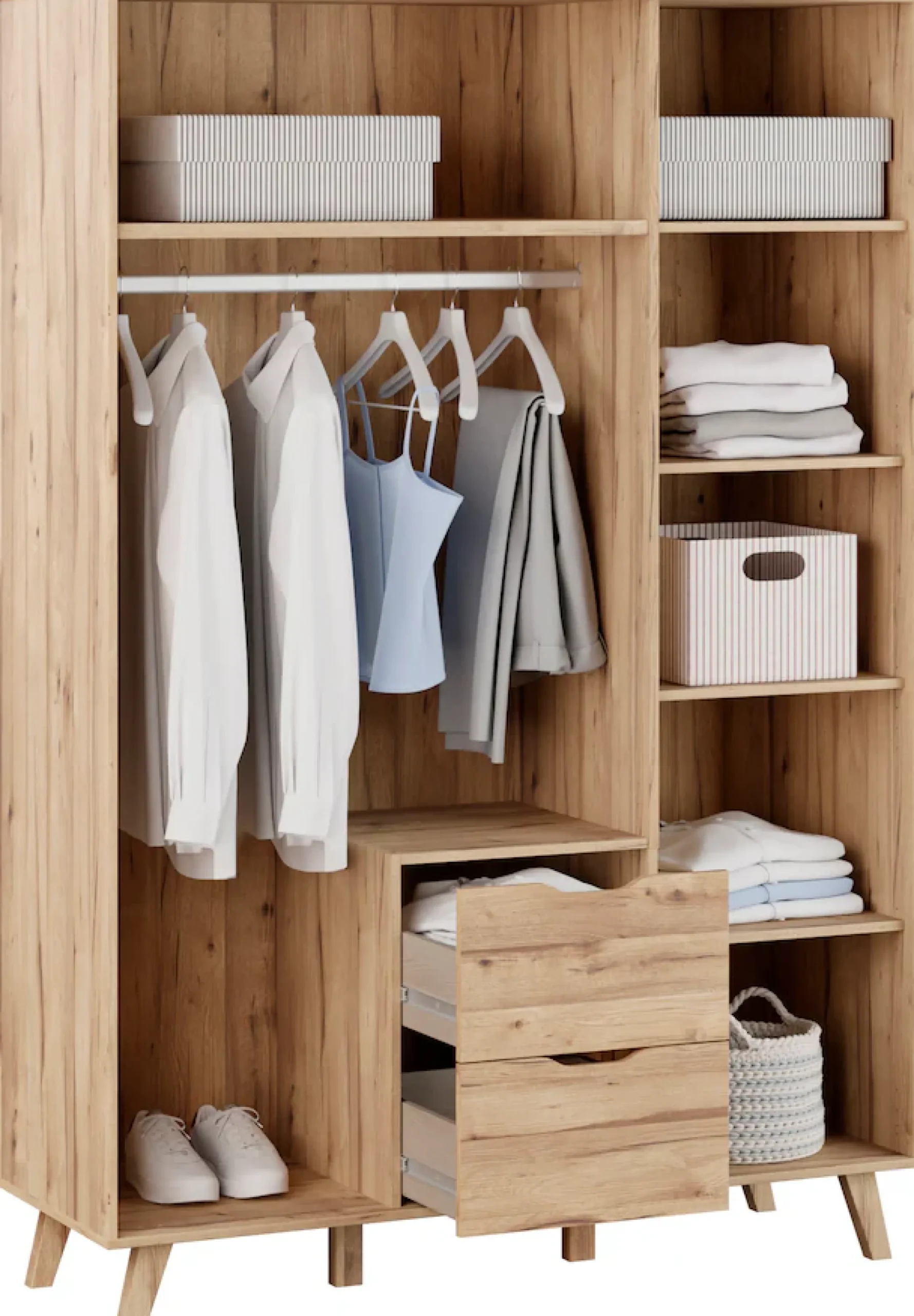 FORTE Drehtürenschrank »Vankka skandinavischer-Stil, viel Stauraum, ohne Griffe« B/H/T ca.140x200x52cm,Made in Europe, mit Einlegeböden+Kleiderstange+Schubladen,grifflos