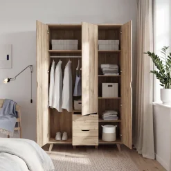 FORTE Drehtürenschrank »Vankka skandinavischer-Stil, viel Stauraum, ohne Griffe« B/H/T ca.140x200x52cm,Made in Europe, mit Einlegeböden+Kleiderstange+Schubladen,grifflos