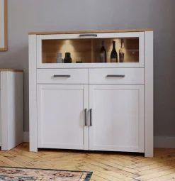 FORTE Highboard »Bohol, kleines Highboard, Klappe mit Glas, 2SK, 2Türen« B/H/T 126,4/125,4/42 cm Beleuchtung optional bestellbar