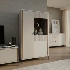 FORTE Highboard »Forte Seravel Highboard, Kashmir Beige/Mauvella Eiche opt. Beleuchtung« B/H/T 94,1/160,8/41,5 viel Stauraum, Lamellenoptik