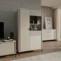FORTE Highboard »Forte Seravel Highboard, Kashmir Beige/Mauvella Eiche opt. Beleuchtung« B/H/T 94,1/160,8/41,5 viel Stauraum, Lamellenoptik