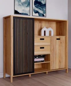 FORTE Highboard »Jytana« Breite 149,9 cm, Schiebetüre mit Lamellenoptik, Mauvella Eiche/Schwarz