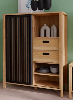FORTE Highboard »Jytana« Breite 103,4 cm, Schiebetüre mit Lamellenoptik, Mauvella Eiche/Schwarz