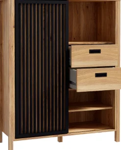 FORTE Highboard »Jytana« Breite 103,4 cm, Schiebetüre mit Lamellenoptik, Mauvella Eiche/Schwarz