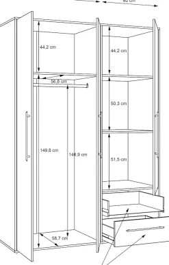 FORTE Kleiderschrank »Mokkaris , Garderobe, zeitloses Design, 3 Türen, Made in Europe« B/H/T ca. 144x200x59cm,Zwei Schubladen, schwarze Stangengriffe, Stauraum, auch in Schwarz