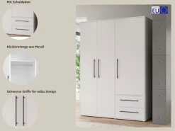 FORTE Kleiderschrank »Mokkaris , Garderobe, zeitloses Design, 3 Türen, Made in Europe« B/H/T ca. 144x200x59cm,Zwei Schubladen, schwarze Stangengriffe, Stauraum, auch in Schwarz