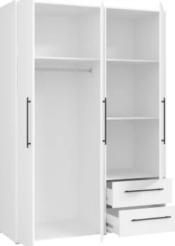 FORTE Kleiderschrank »Mokkaris , Garderobe, zeitloses Design, 3 Türen, Made in Europe« B/H/T ca. 144x200x59cm,Zwei Schubladen, schwarze Stangengriffe, Stauraum, auch in Schwarz