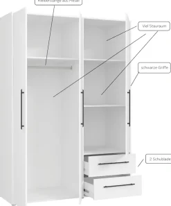 FORTE Kleiderschrank »Mokkaris , Garderobe, zeitloses Design, 3 Türen, Made in Europe« B/H/T ca. 144x200x59cm,Zwei Schubladen, schwarze Stangengriffe, Stauraum, auch in Schwarz