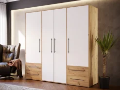 FORTE Kleiderschrank »Mokkaris , Garderobe, zeitloses Design, 4 Türen, Made in Europe« B/H/T ca. 206x200x59cm,4 Schubladen + schwarze Stangengriffe, Made in Europe, viel Stauraum