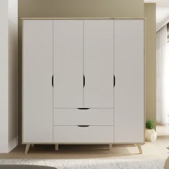 FORTE Kleiderschrank »Vankka, Drehtürenschrank, Viel Stauraum, skandinavischer Stil« Made in Europe, mit Einlegeböden+Kleiderstangen+Schubladen,grifflos