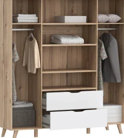 FORTE Kleiderschrank »Vankka, Drehtürenschrank, Viel Stauraum, skandinavischer Stil« Made in Europe, mit Einlegeböden+Kleiderstangen+Schubladen,grifflos