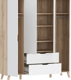 FORTE Kleiderschrank »Vankka, Drehtürenschrank, Viel Stauraum, skandinavischer Stil« Made in Europe, mit Einlegeböden+Kleiderstangen+Schubladen,grifflos