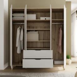 FORTE Kleiderschrank »Vankka, Drehtürenschrank, Viel Stauraum, skandinavischer Stil« Made in Europe, mit Einlegeböden+Kleiderstangen+Schubladen,grifflos