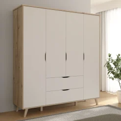 FORTE Kleiderschrank »Vankka, Drehtürenschrank, Viel Stauraum, skandinavischer Stil« Made in Europe, mit Einlegeböden+Kleiderstangen+Schubladen,grifflos