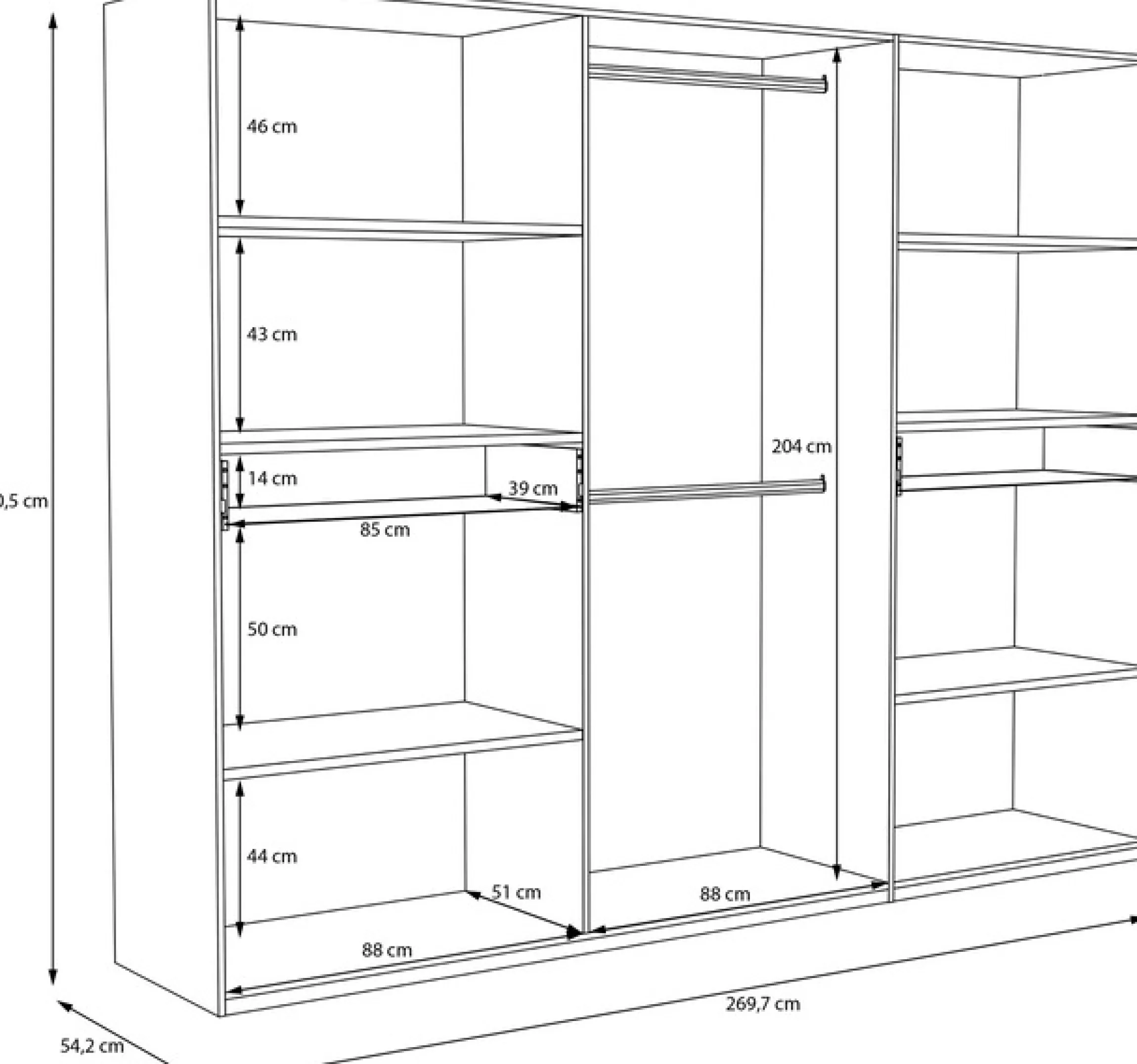 FORTE Kleiderschrank »viel Stauraum, Spiegeltüren, stehende Montage« B/H/T269,7/210,5/54 cm, Spiegeltüren, Schubkästen
