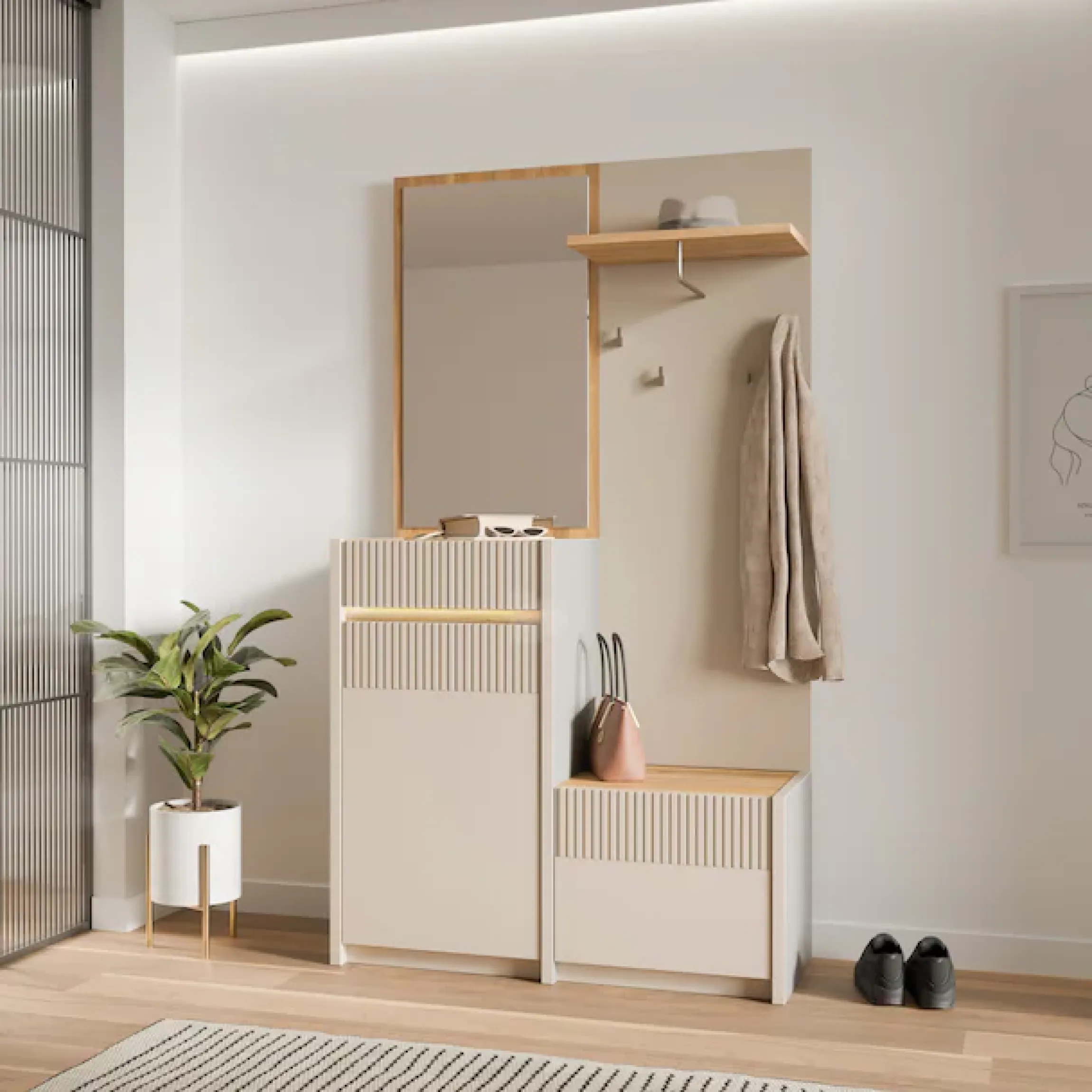 FORTE Kompaktgarderobe »Oak Squere Garderobe, 1 Türe, 1SK, 1 Klappe« B/H/T 108,4 /195,9/41,7 cm Spiegel, Haken, Kleiderstange
