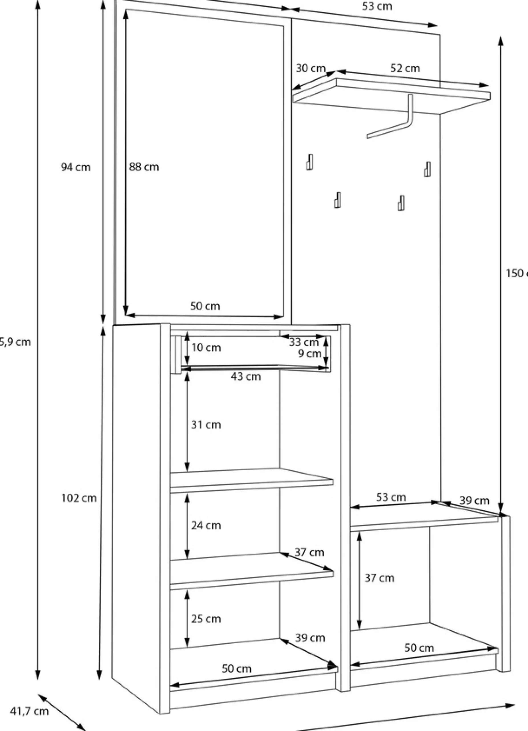 FORTE Kompaktgarderobe »Oak Squere Garderobe, 1 Türe, 1SK, 1 Klappe« B/H/T 108,4 /195,9/41,7 cm Spiegel, Haken, Kleiderstange