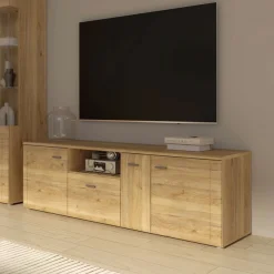 FORTE Lowboard »Akinori TV-Board, TV-Schrank« TV Board, Holzoptik, MDF Front, Metallgriffe, Vollauszug, Soft Close