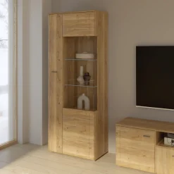 FORTE Vitrine »Akinori« B/H/T 75,1/197,6/41,8 cm,Highboardvitrine, Glastüre , Soft Close, MDF Front, Metallgriffe