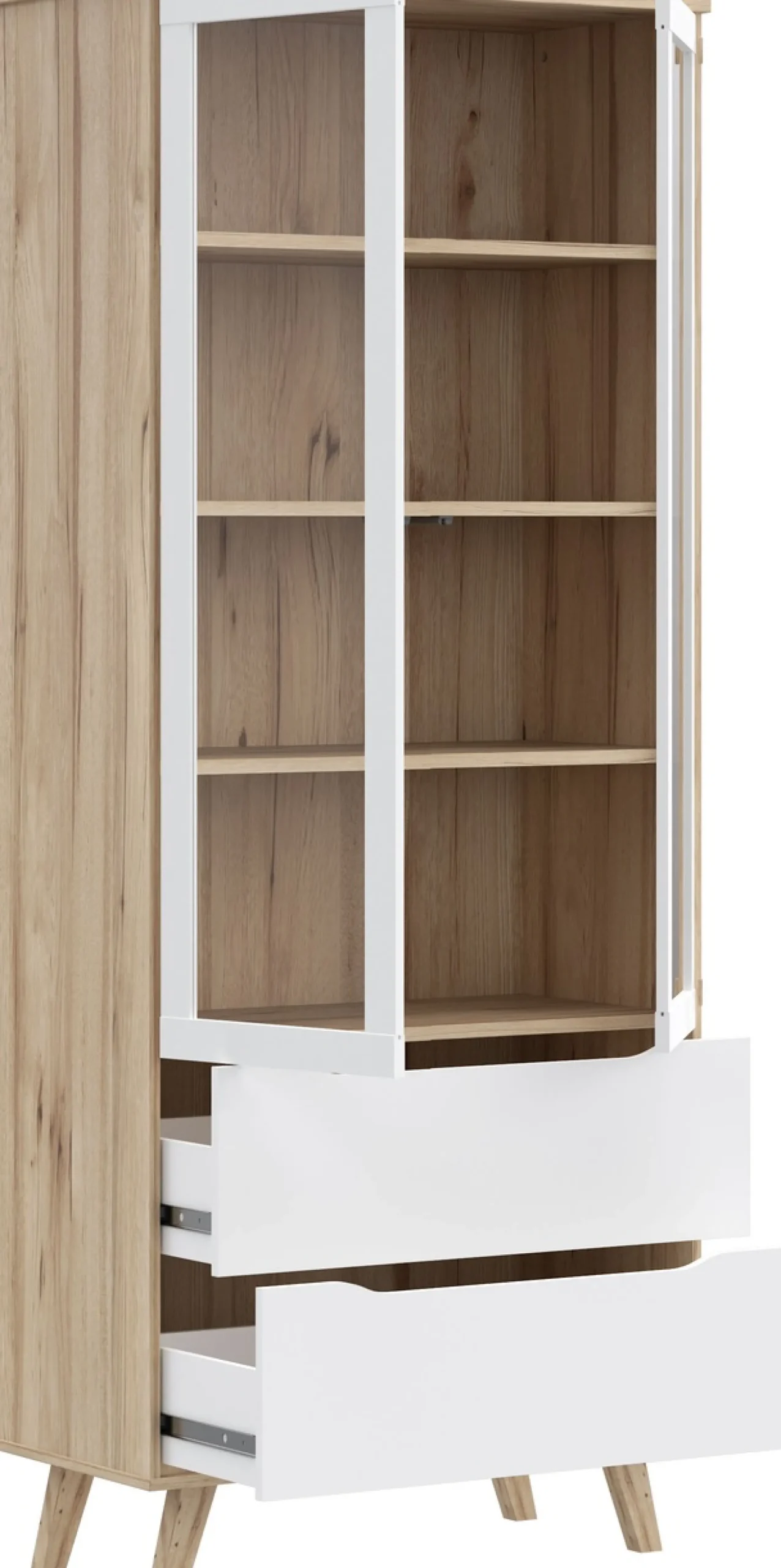 FORTE Vitrine »Vankka Stauraumvitrine« B/H/T 84,7/201,5/41,7 cm,2 Glastüre, Grifflos, zeitloses Design, 2 Schubkästen