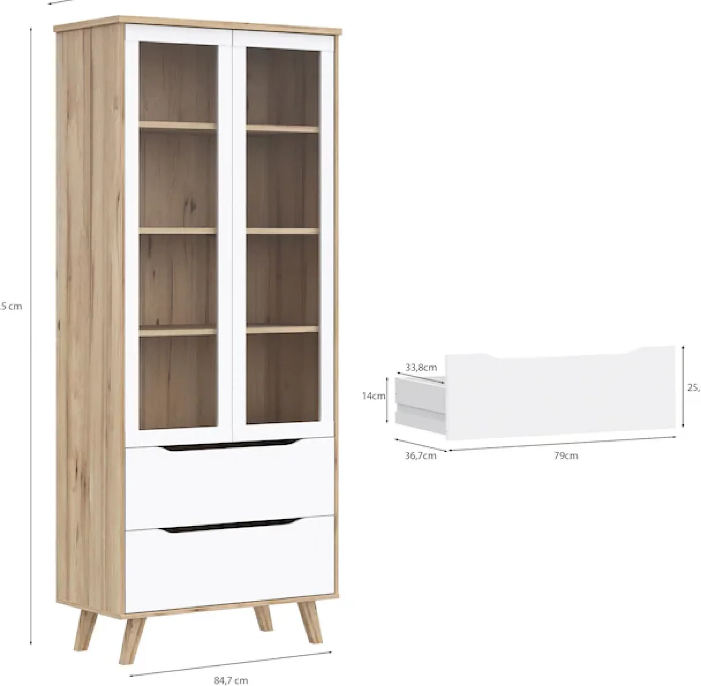FORTE Vitrine »Vankka Stauraumvitrine« B/H/T 84,7/201,5/41,7 cm,2 Glastüre, Grifflos, zeitloses Design, 2 Schubkästen