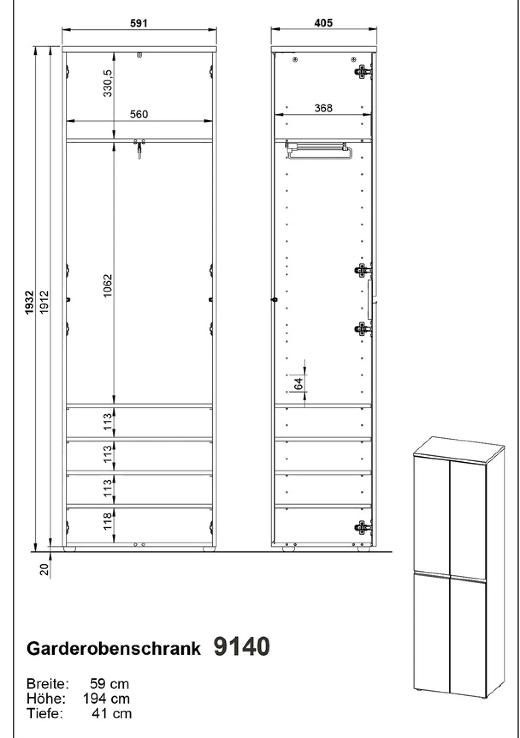 GERMANIA Garderobenschrank »Cormano« Breite 59cm,Kleiderstange, verstellbare Böden, Made in Germany