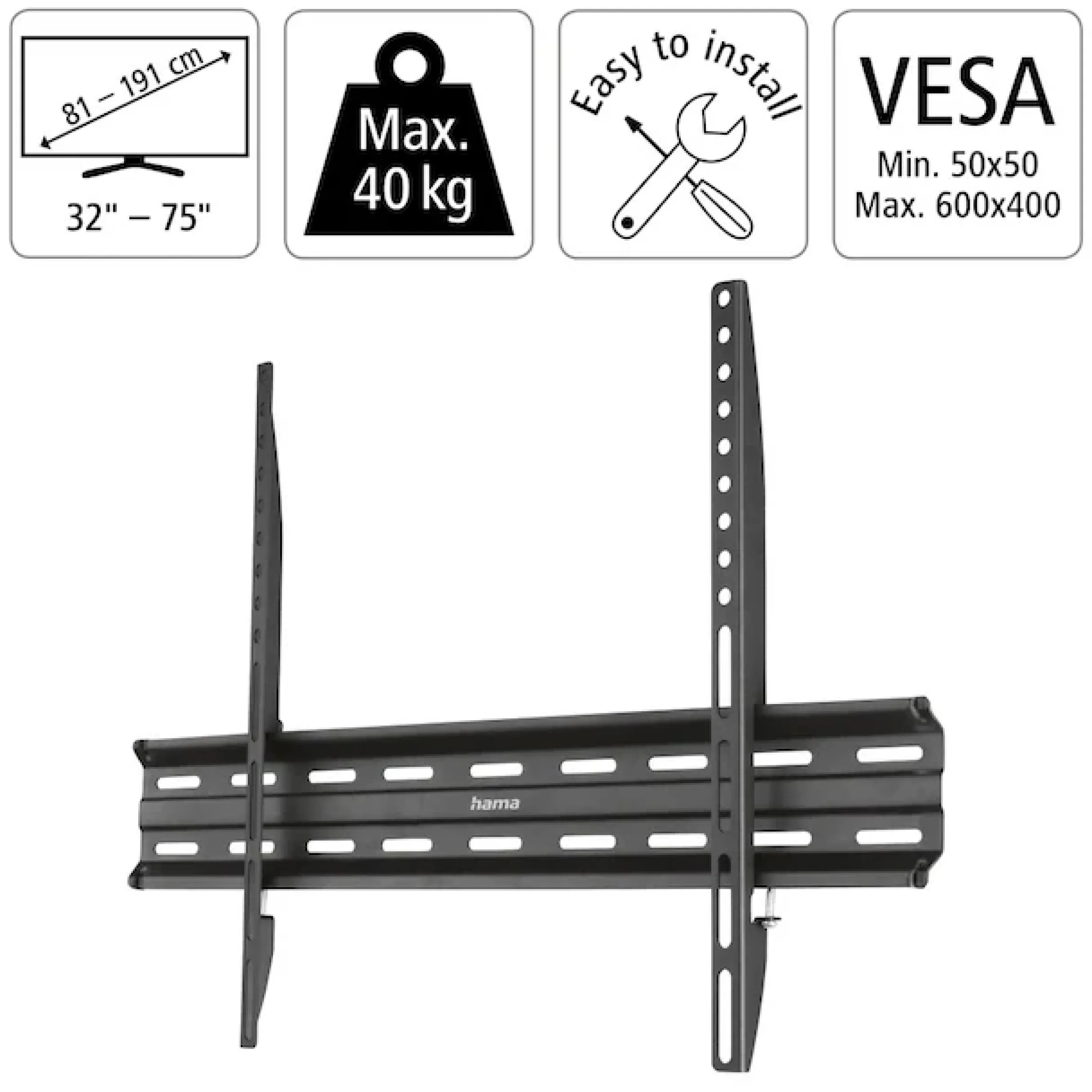 Hama TV-Wandhalterung »TV-Halterungflach, starr, 81 - 191 cm (32"-75"), 43", 50", 55", 65"« bis 191 cm Zoll