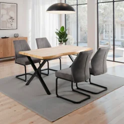 HELA Essgruppe »ILLER Tisch 140x90 cm« Set, 5 tlg. 5tlg., Baumkante 46mm, X-Gestell, Schwingstuhl, Federkorb
