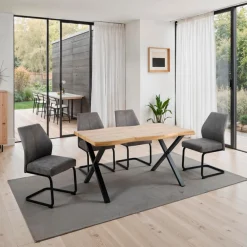 HELA Essgruppe »ILLER Tisch 140x90 cm« Set, 5 tlg. 5tlg., Baumkante 46mm, X-Gestell, Schwingstuhl, Federkorb