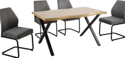 HELA Essgruppe »ILLER Tisch 140x90 cm« Set, 5 tlg. 5tlg., Baumkante 46mm, X-Gestell, Schwingstuhl, Federkorb