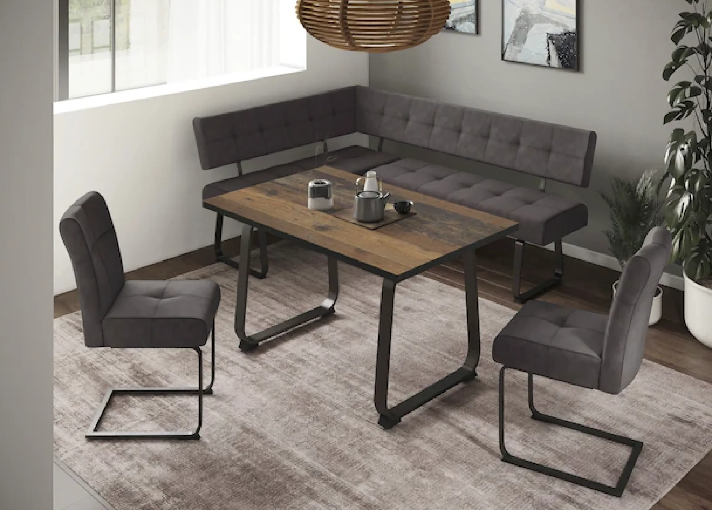 HELA Essgruppe »RUHR« 4 Stk. tlg. Kufentisch 140x90 cm, Schwingstuhl und Bank mit Federkorb, Komfortsitz