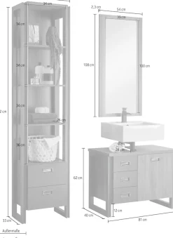 Home affaire Badmöbel-Set »Detroit, Bad im Industrialdesign, 3-teiliges Badezimmer« Set, 3 Stk. tlg.