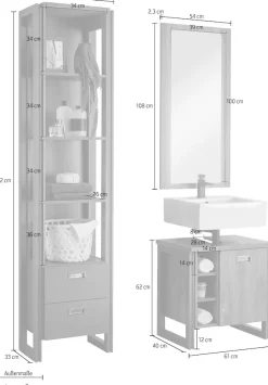 Home affaire Badmöbel-Set »Detroit, Bad im Industrialdesign, 3-teiliges Badezimmer« Set, 3 Stk. tlg.