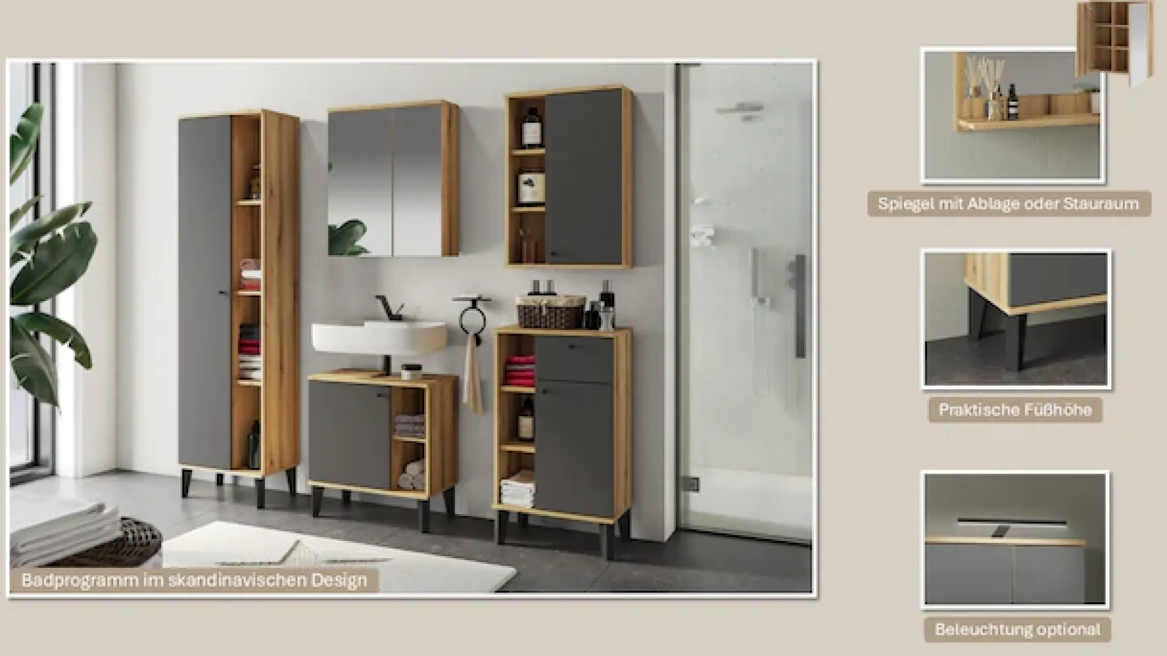 Home affaire Badmöbel-Set »OSLO, Bad im skandinavischen Design, 5-teiliges Badezimmer« Set, 3 Stk. tlg.