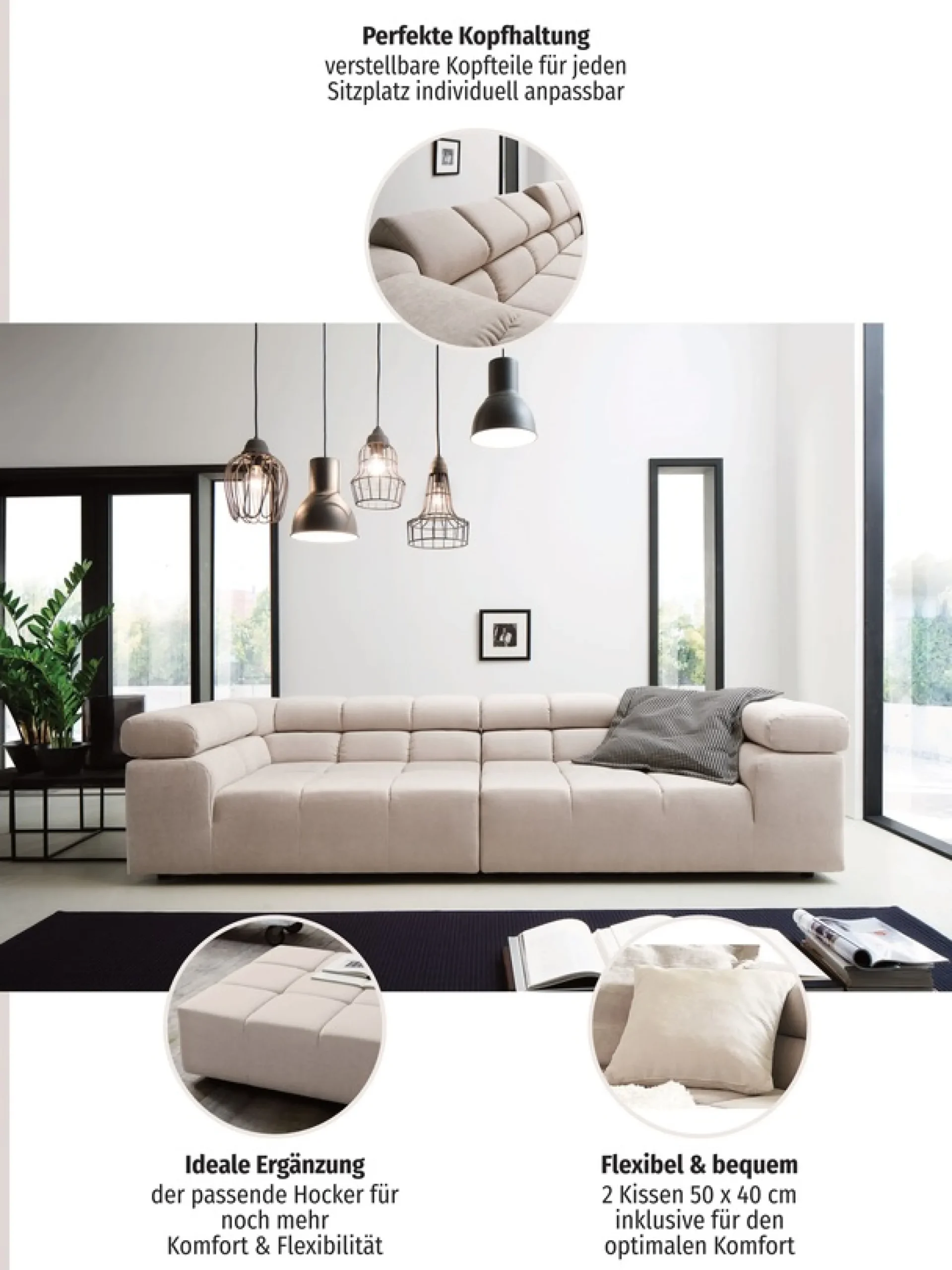 Home affaire Big-Sofa »Ancona modern, elegant, bequem, viel Platz, B/T/H: 290/110/70 cm« auffällige Steppung, inkl. 2 Zierkissen und verstellbaren Kopfstützen