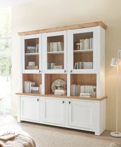 Home affaire Buffet »Bristol, Bücherschrank im Landhausstil, moderner Hochschrank« schwarze Metallgriffe, elegante Kranzoptik, ausreichend Stauraum